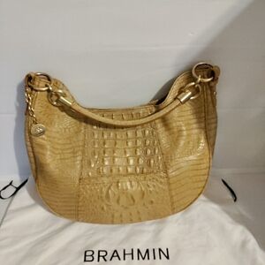 BRAHMIN Carmela Melbourne Hobo Shoulder Bag Croc-Embossed Leather Honey Caramel